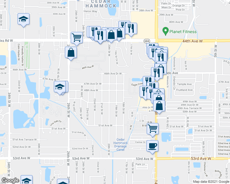 map of restaurants, bars, coffee shops, grocery stores, and more near 1902 48th Avenue West in Bradenton