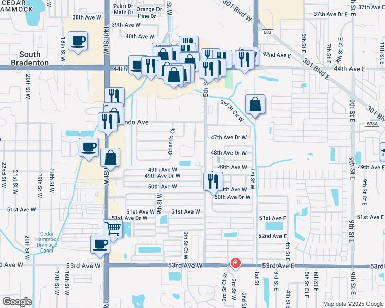 map of restaurants, bars, coffee shops, grocery stores, and more near 4812 5th Street West in Bradenton