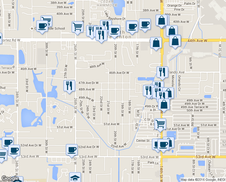 map of restaurants, bars, coffee shops, grocery stores, and more near 2004 48th Avenue West in Bradenton