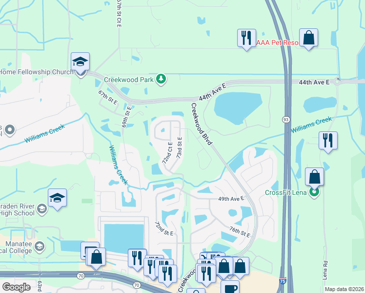 map of restaurants, bars, coffee shops, grocery stores, and more near 4639 73rd Street East in Bradenton