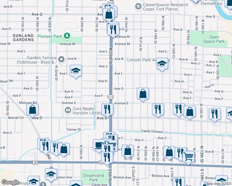 map of restaurants, bars, coffee shops, grocery stores, and more near 705 North 24th Street in Fort Pierce