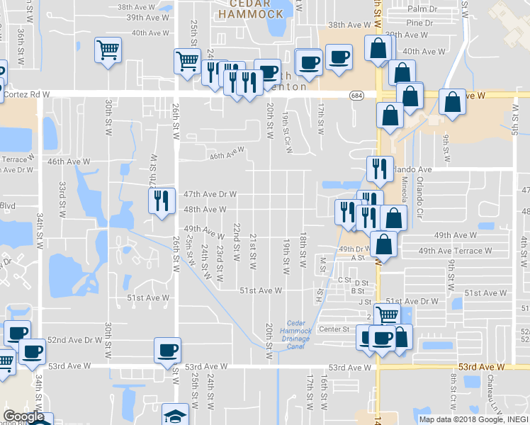 map of restaurants, bars, coffee shops, grocery stores, and more near 2004 48th Avenue West in Bradenton