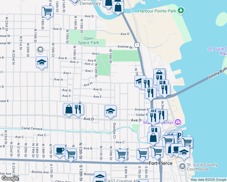 map of restaurants, bars, coffee shops, grocery stores, and more near 711 Dundas Court in Fort Pierce