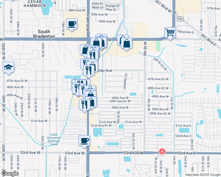 map of restaurants, bars, coffee shops, grocery stores, and more near 1101 Fruitland Avenue in Bradenton