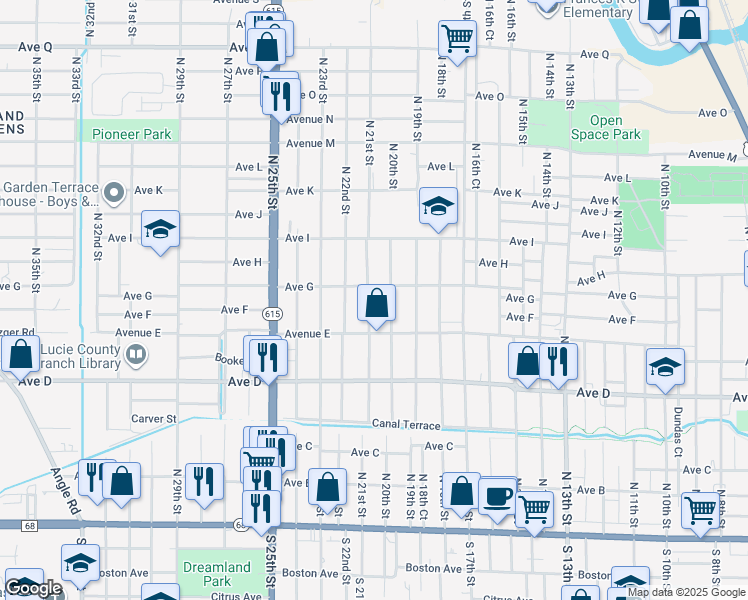 map of restaurants, bars, coffee shops, grocery stores, and more near 703 North 21st Street in Fort Pierce