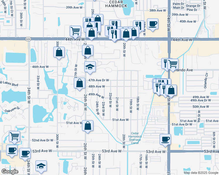 map of restaurants, bars, coffee shops, grocery stores, and more near 2204A 48th Avenue West in Bradenton