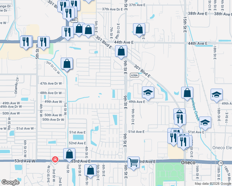 map of restaurants, bars, coffee shops, grocery stores, and more near 4808 8th C Street East in Bradenton