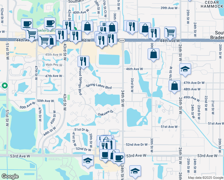 map of restaurants, bars, coffee shops, grocery stores, and more near 935 Spring Lakes Boulevard in Bradenton