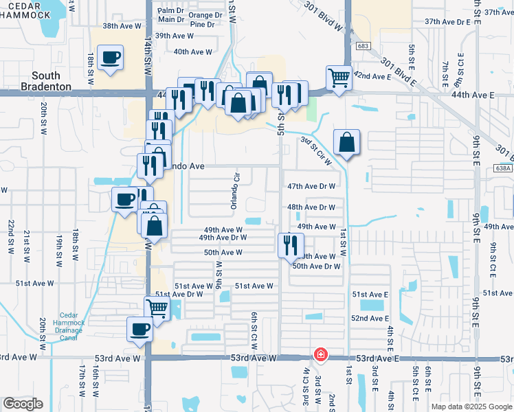 map of restaurants, bars, coffee shops, grocery stores, and more near 645 Park Circle in Bradenton