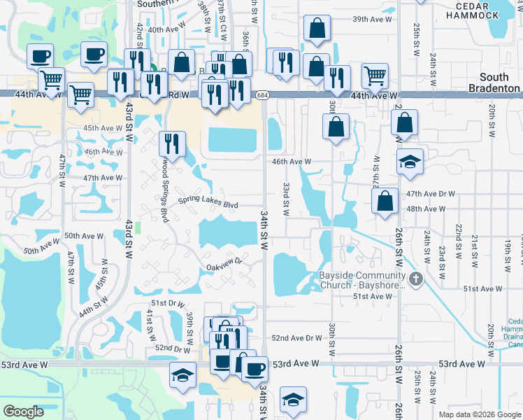 map of restaurants, bars, coffee shops, grocery stores, and more near 4804 34th Street West in Bradenton