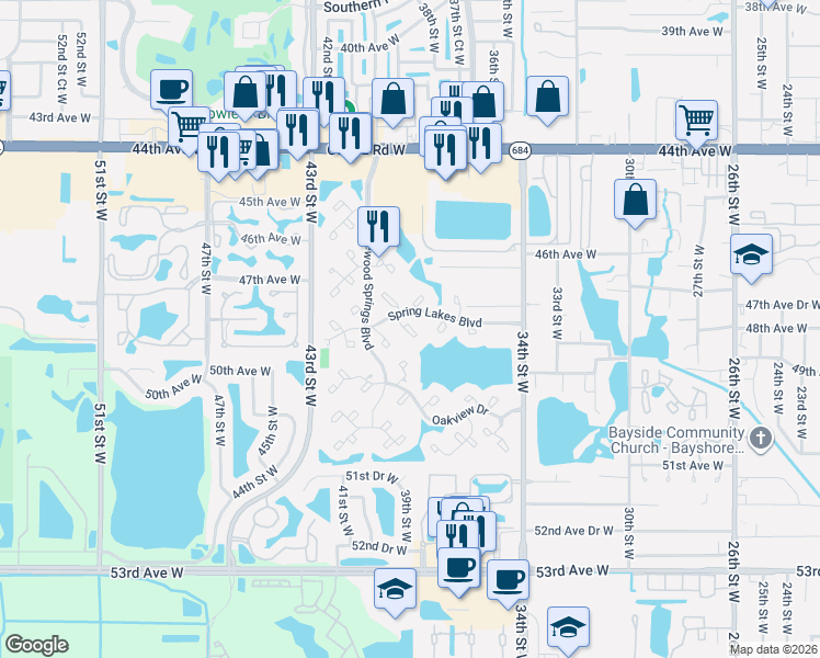 map of restaurants, bars, coffee shops, grocery stores, and more near 517 Spring Lakes Boulevard in Bradenton