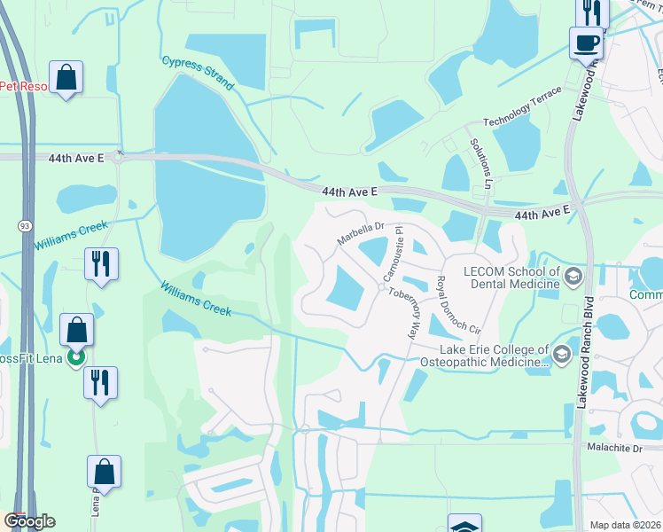 map of restaurants, bars, coffee shops, grocery stores, and more near 9625 Carnoustie Place in Lakewood Ranch
