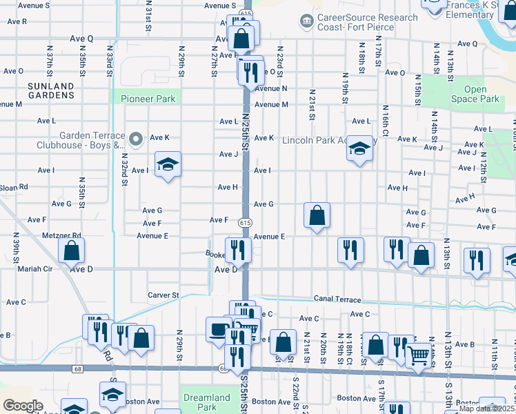 map of restaurants, bars, coffee shops, grocery stores, and more near 705 North 24th Street in Fort Pierce