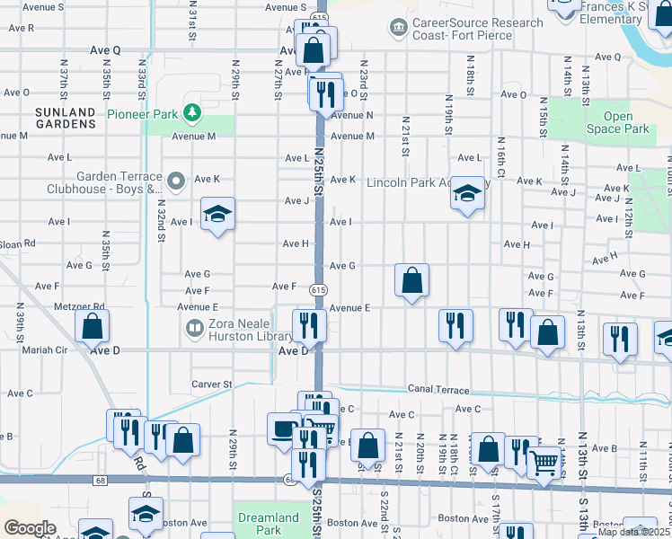 map of restaurants, bars, coffee shops, grocery stores, and more near 705 North 24th Street in Fort Pierce