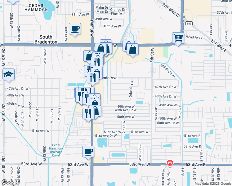 map of restaurants, bars, coffee shops, grocery stores, and more near 1101 Fruitland Ave in Bradenton
