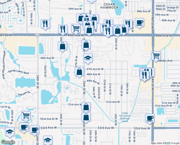 map of restaurants, bars, coffee shops, grocery stores, and more near 4804 25th Street West in Bradenton
