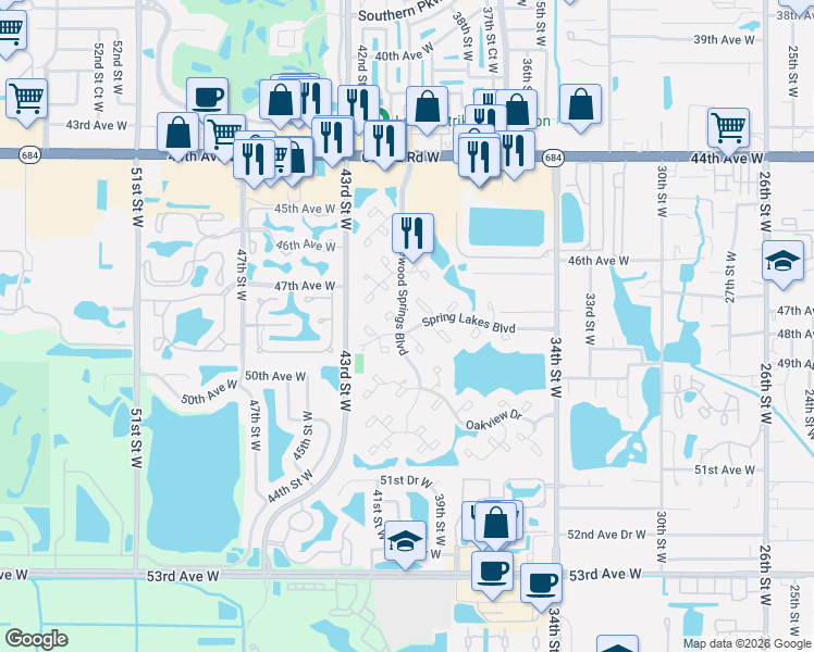 map of restaurants, bars, coffee shops, grocery stores, and more near 828 Wildewood Springs Boulevard in Bradenton
