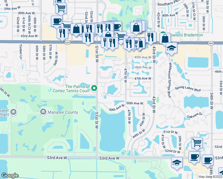 map of restaurants, bars, coffee shops, grocery stores, and more near 4845 50th Street West in Bradenton