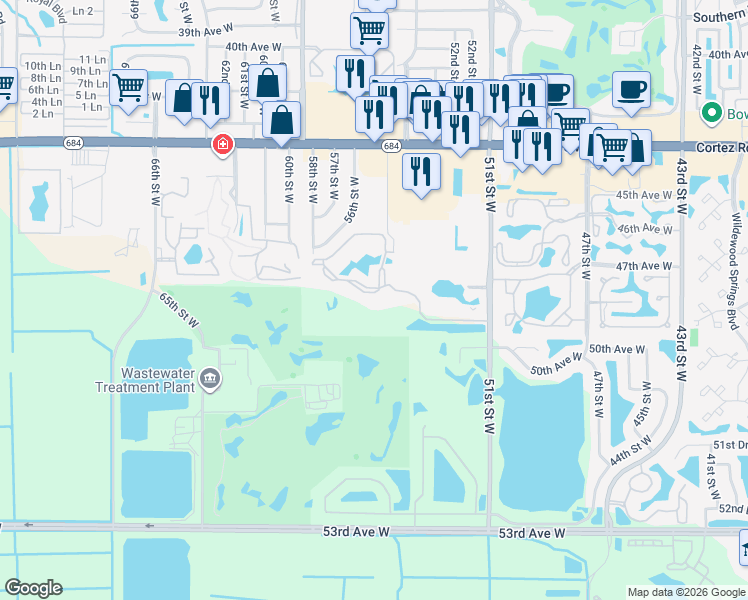 map of restaurants, bars, coffee shops, grocery stores, and more near 4880 51st Street West in Bradenton