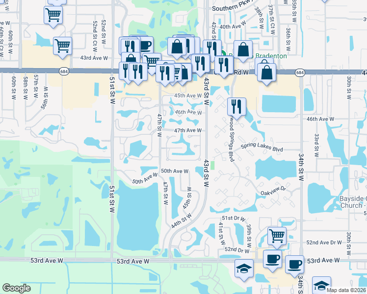 map of restaurants, bars, coffee shops, grocery stores, and more near 4502 Muirfield Drive in Bradenton