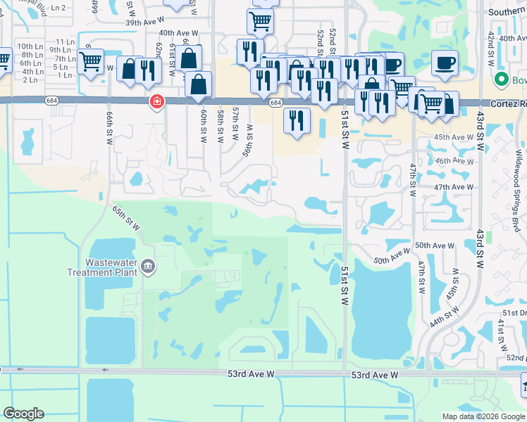 map of restaurants, bars, coffee shops, grocery stores, and more near 4880 51st Street West in Bradenton