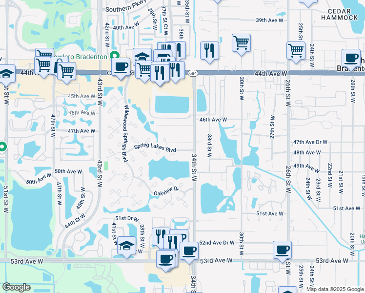 map of restaurants, bars, coffee shops, grocery stores, and more near 935 Spring Lakes Boulevard in Bradenton