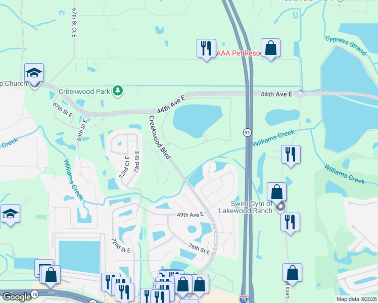 map of restaurants, bars, coffee shops, grocery stores, and more near 7416 Ridgelake Circle in Bradenton
