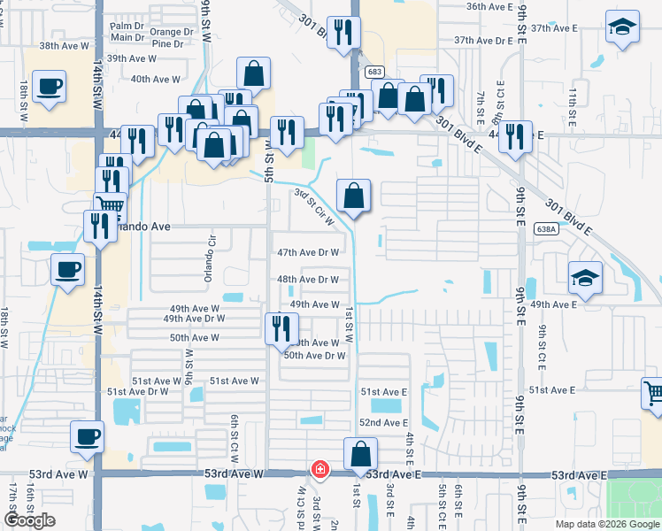 map of restaurants, bars, coffee shops, grocery stores, and more near 206 48th Avenue Drive West in Bradenton