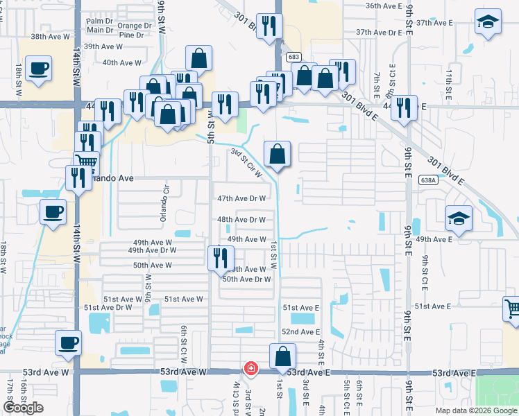 map of restaurants, bars, coffee shops, grocery stores, and more near 206 48th Avenue Drive West in Bradenton