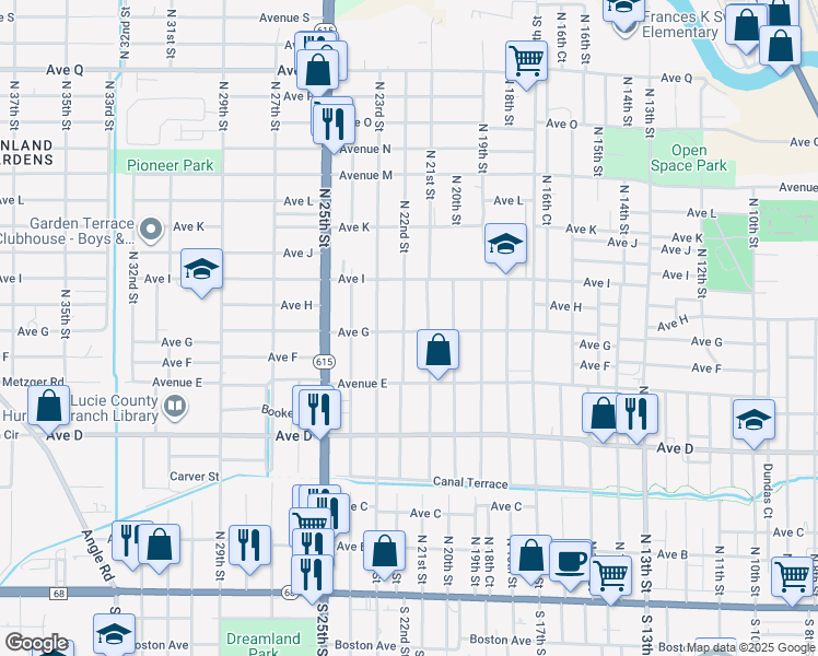 map of restaurants, bars, coffee shops, grocery stores, and more near 2110 Avenue G in Fort Pierce