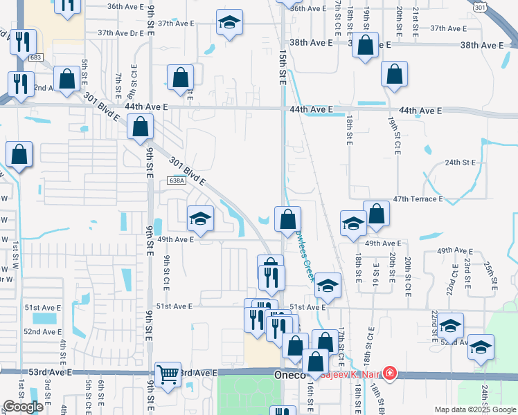 map of restaurants, bars, coffee shops, grocery stores, and more near 1345 301 Boulevard East in Bradenton