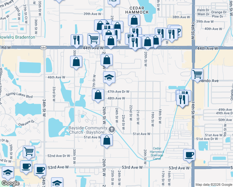 map of restaurants, bars, coffee shops, grocery stores, and more near 2307 47th Avenue Drive West in Bradenton