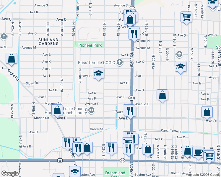 map of restaurants, bars, coffee shops, grocery stores, and more near 2802 Avenue G in Fort Pierce