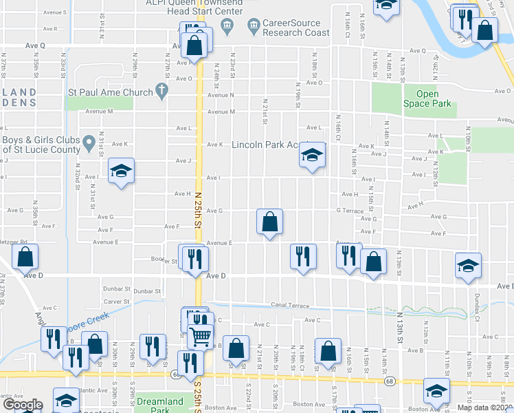 map of restaurants, bars, coffee shops, grocery stores, and more near 2106 Avenue G in Fort Pierce