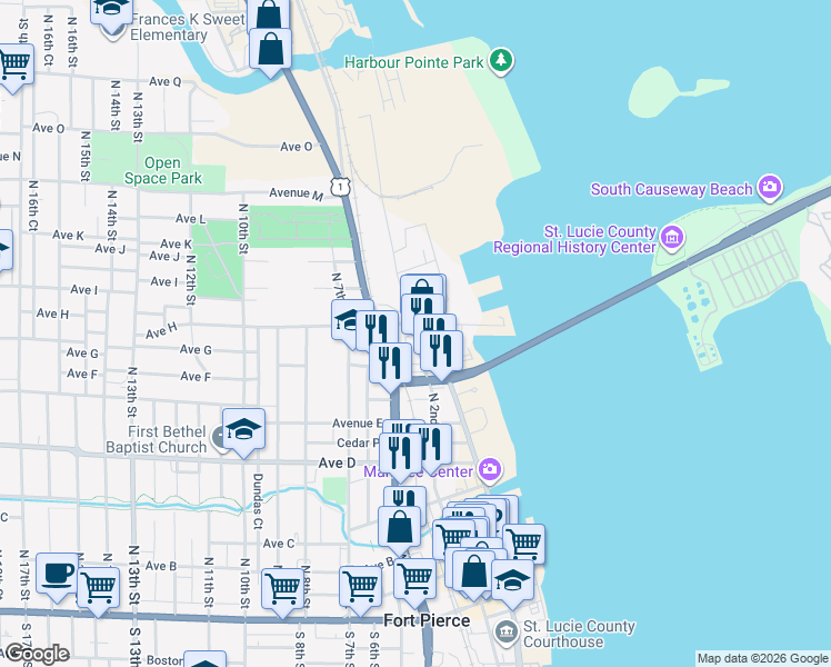 map of restaurants, bars, coffee shops, grocery stores, and more near 810 North 2nd Street in Fort Pierce