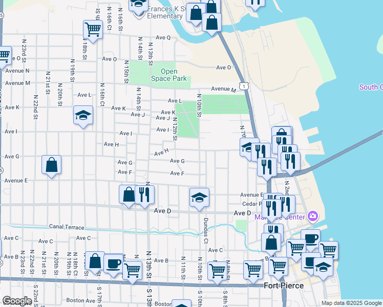 map of restaurants, bars, coffee shops, grocery stores, and more near 1016 Avenue H in Fort Pierce