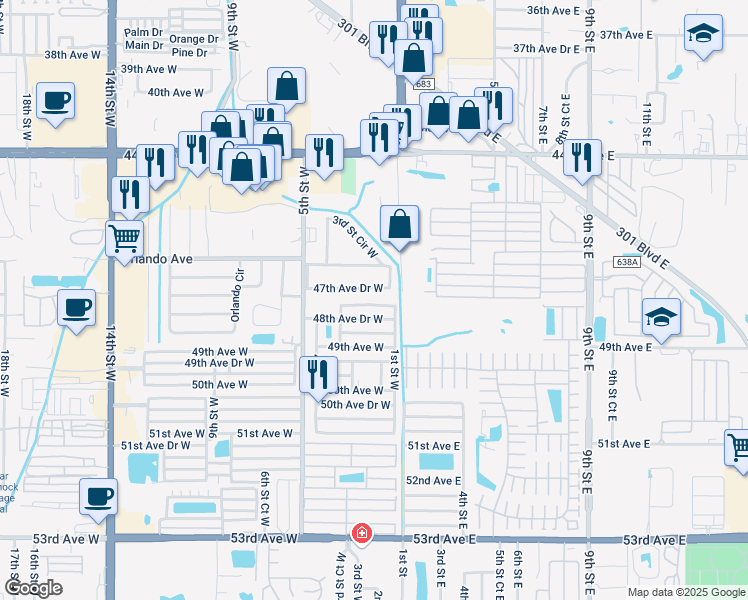 map of restaurants, bars, coffee shops, grocery stores, and more near 203 47th Avenue Drive West in Bradenton