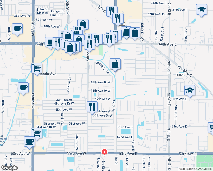 map of restaurants, bars, coffee shops, grocery stores, and more near 203 47th Avenue Drive West in Bradenton