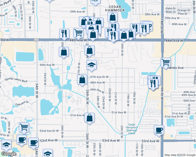 map of restaurants, bars, coffee shops, grocery stores, and more near 2307 47th Avenue Drive West in Bradenton