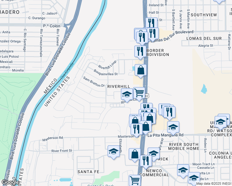 map of restaurants, bars, coffee shops, grocery stores, and more near 611 Riverhill Loop in Laredo