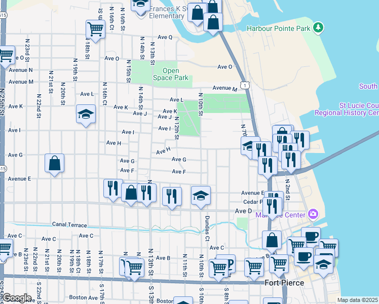 map of restaurants, bars, coffee shops, grocery stores, and more near 1016 Avenue H in Fort Pierce