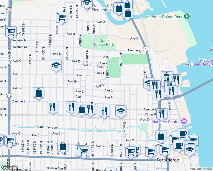 map of restaurants, bars, coffee shops, grocery stores, and more near 1206 Avenue H in Fort Pierce
