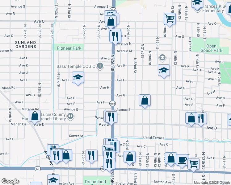 map of restaurants, bars, coffee shops, grocery stores, and more near 901 North 24th Street in Fort Pierce