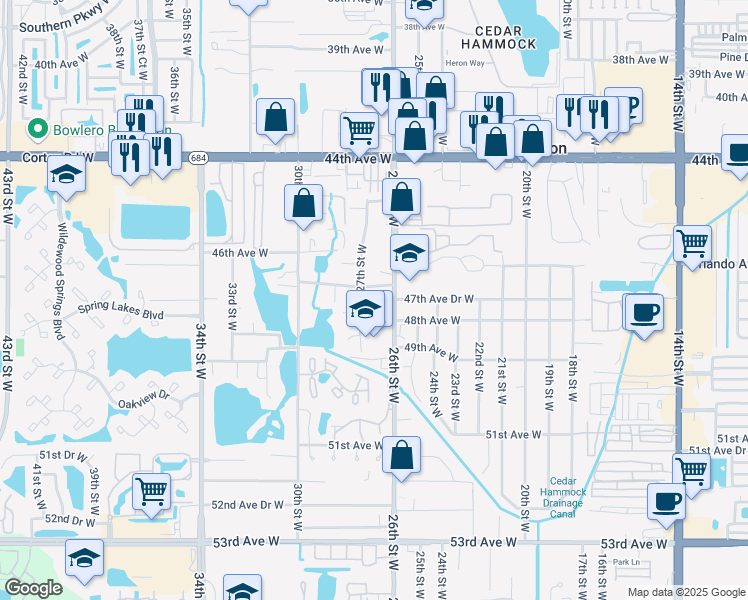 map of restaurants, bars, coffee shops, grocery stores, and more near 2611 47th Avenue West in Bradenton