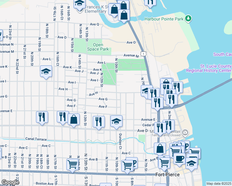 map of restaurants, bars, coffee shops, grocery stores, and more near 908 Avenue H in Fort Pierce