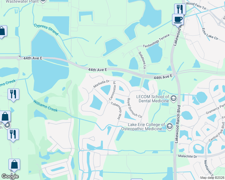 map of restaurants, bars, coffee shops, grocery stores, and more near 10123 Carnoustie Place in Bradenton