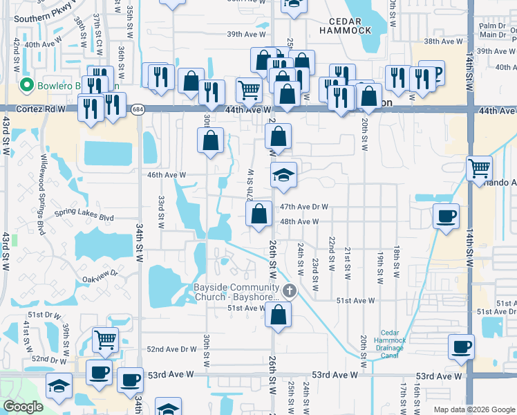 map of restaurants, bars, coffee shops, grocery stores, and more near 2611 47th Avenue West in Bradenton