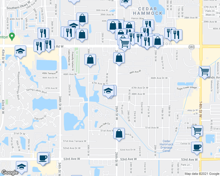 map of restaurants, bars, coffee shops, grocery stores, and more near 2611 47th Avenue West in Bradenton