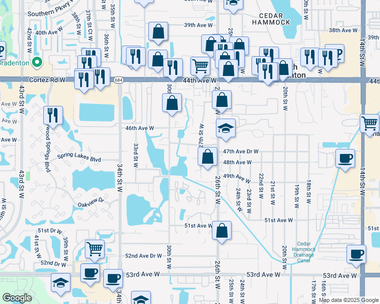 map of restaurants, bars, coffee shops, grocery stores, and more near 2807 47th Avenue West in Bradenton