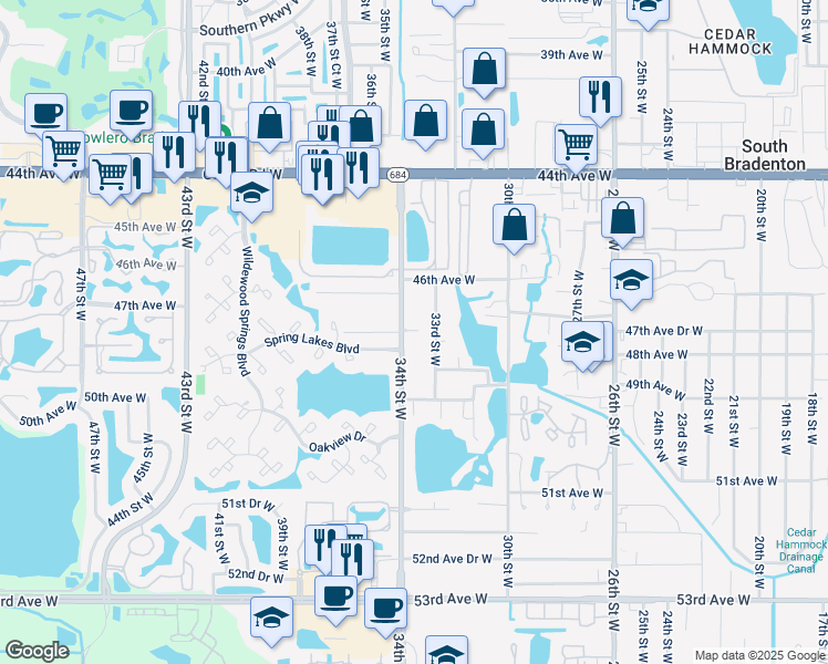 map of restaurants, bars, coffee shops, grocery stores, and more near 4620 34th Street West in Bradenton
